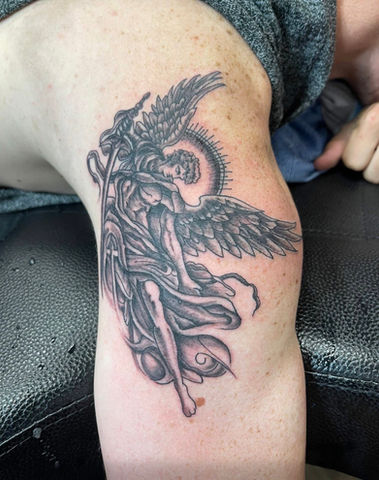Black & grey tattoo, religious tattoo, angel tattoo
