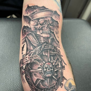 Black & grey tattoo, seaman tattoo, skeleton tattoo