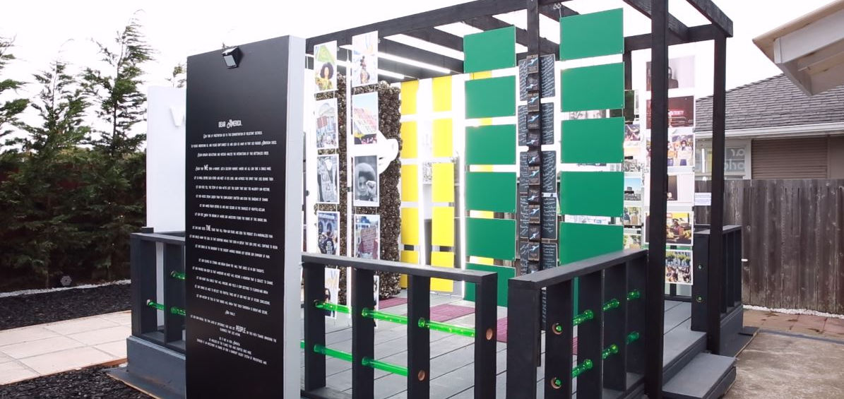 Art exhibit featuring art related to black lives matter and the coronavirus set inside immersive setting