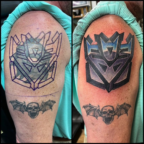 Color tattoo, cover up tattoo, transformers tattoo