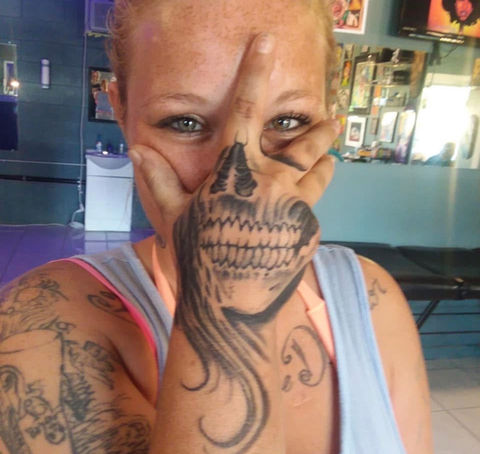 Black & grey tattoo, hand tattoo, skull tattoo