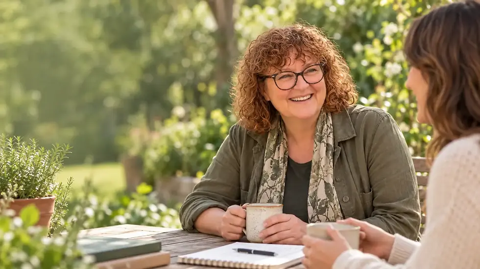 Smiling woman with curly hair talking at a garden table