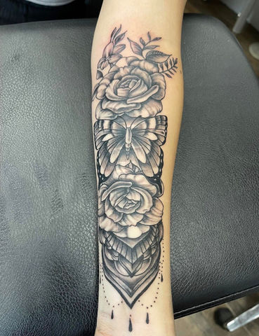 Black & grey tattoo, butterfly tattoo, floral tattoo