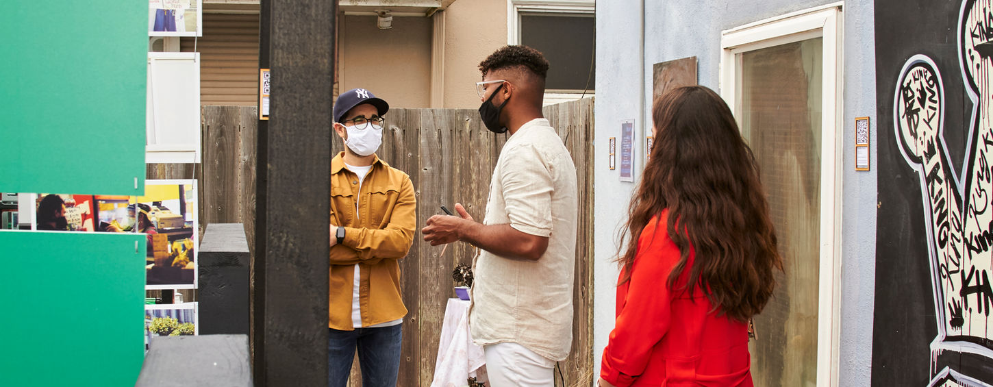 Art exhibit featuring art related to black lives matter and the coronavirus set inside immersive setting