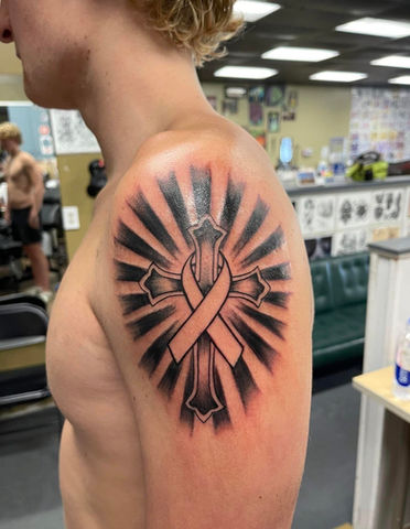 Black & grey tattoo, memorial tattoo, cross tattoo