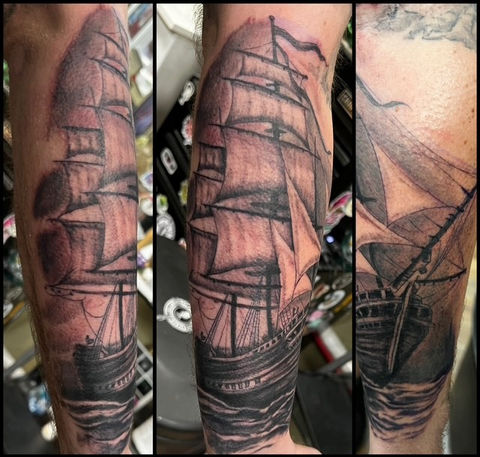 Black & Grey Tattoo, Realism tattoo, clipper ship tattoo