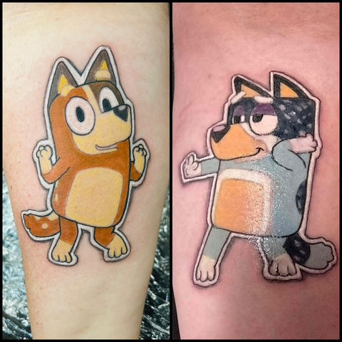 Color tattoo, Sticker Tattoo, 3-D tattoo, pop culture tattoo, bluey tattoo