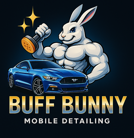 Buff Bunny Mobile Detailing logo featuring a muscular cartoon bunny holding a buffer next to a shiny blue car