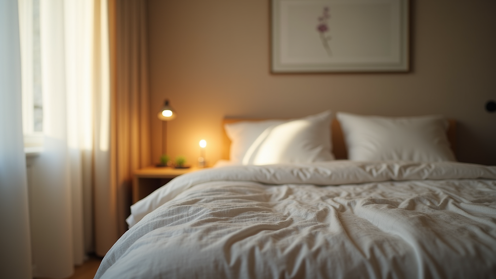 Eye-level view of a cozy bedroom with soft lighting and a neatly made bed