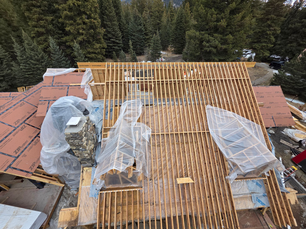 Rows of floor joists spanning the upper level between sheathed roof slopes and a stone chimney
