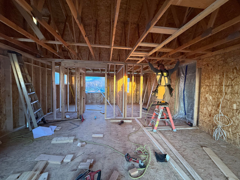 Framed interior partitions under ceiling joists with a carpenter working overhead from a ladder