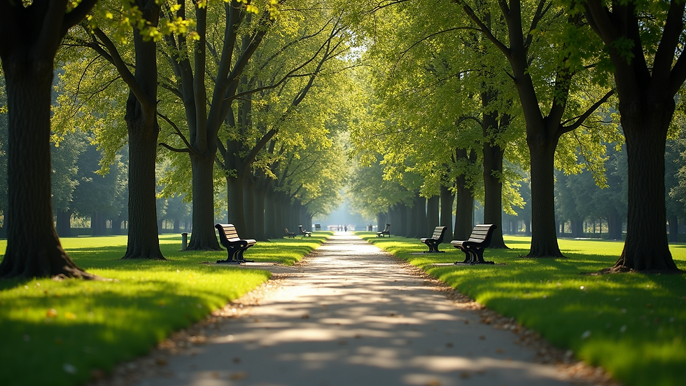 Eye-level view of a serene park with benches under trees