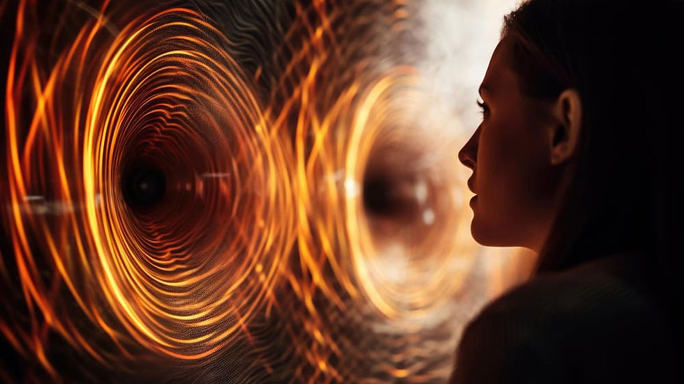 A person observes a mesmerizing pattern of glowing orange concentric circles against a dark background, creating an immersive, futuristic feel.