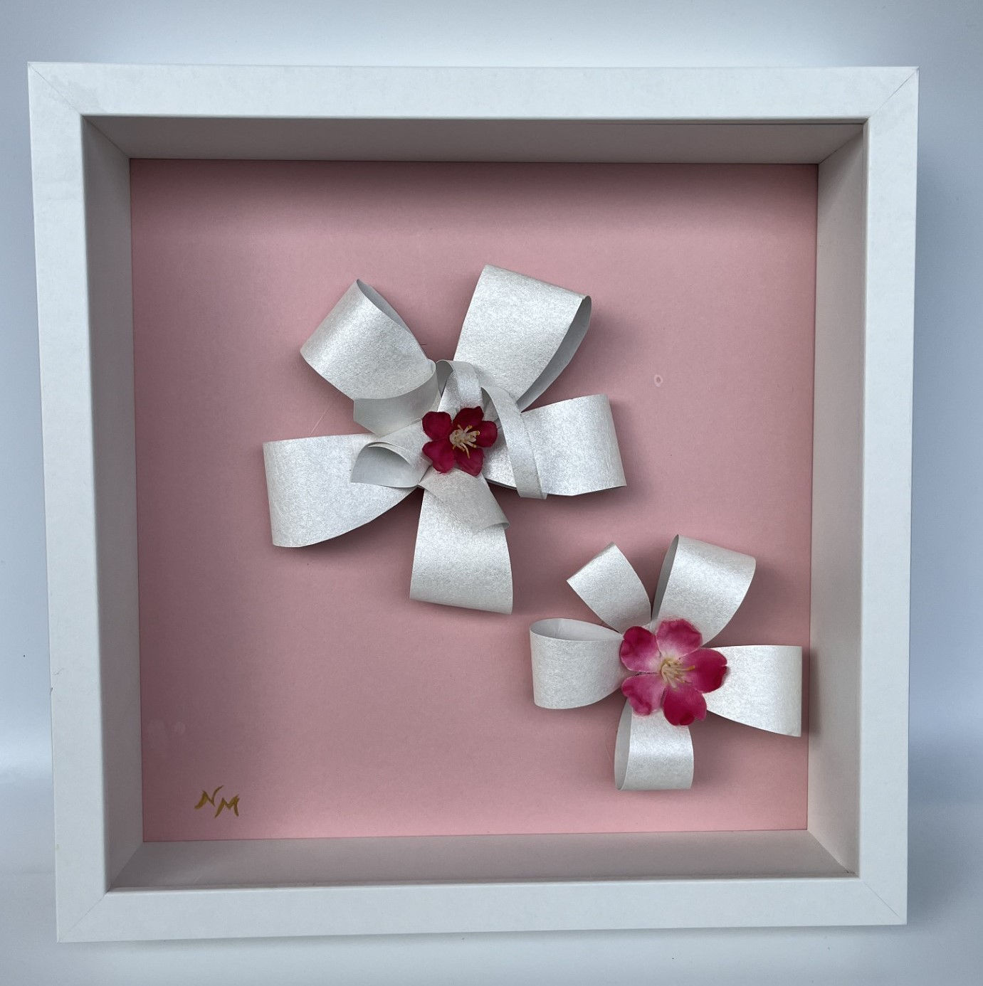 Framed 3D floral wall art by ArtEssence featuring sculptural eco wallpaper bows and pink blossoms on a blush background.