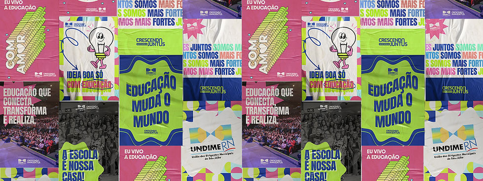 Colagem de cartazes educativos do Seminário Crescendo Juntos com design moderno e vibrante