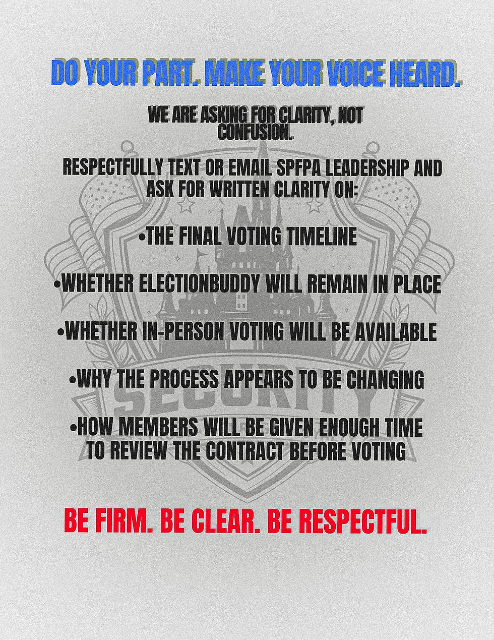 We just received this text message from one of the SPFPA Local 1955 Disneyland members demanding that SPFPA President David L. Hickey and Region 3 Vice President Ryan Kelly adhere to the 1,500 hundred Disneyland members demands to the voting process of their contract.