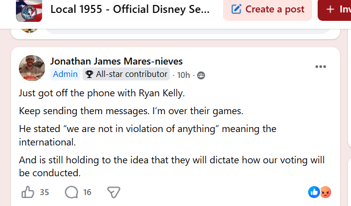 SPFPA Local 1955 President Jonathan James Mares-Nieves is fuming over SPFPA Vice President Ryan Kelly's decision to shorten the days and ways SPFPA Local 1955 Disneyland members can vote in a ratification election on their SPFPA contract