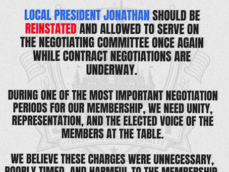 Disneyland SPFPA Local 1955: REINSTATE LOCAL PRESIDENT JONATHAN  During one of the most important negotiation periods for our membership, we need unity, representation, and the elected voice of the members at the table.