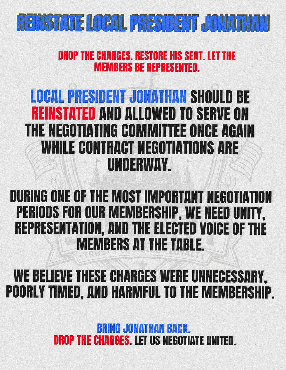 Disneyland SPFPA Local 1955: REINSTATE LOCAL PRESIDENT JONATHAN  During one of the most important negotiation periods for our membership, we need unity, representation, and the elected voice of the members at the table.