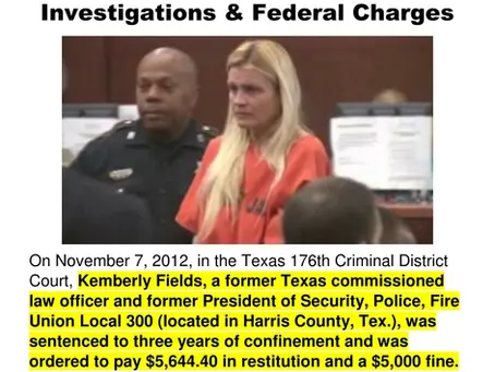 HOUSTON – A woman who swore to enforce the law has been accused of stealing from her union.  Kemberly Fields is a commissioned security officer for NASA. She was also the president of the local chapter of the Security, Police and Fire Professionals Union.