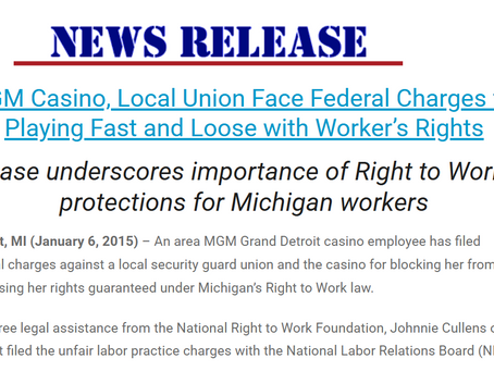 Detroit, MI – An area MGM Grand Detroit casino employee has filed federal charges against a local security guard union SPFPA Local 1111 and the casino for blocking her from exercising her rights guaranteed under Michigan’s Right to Work law.
