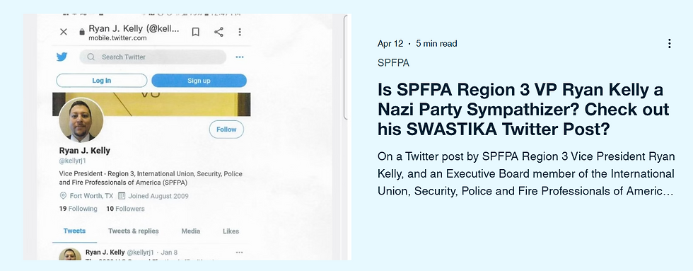 Is SPFPA Region 3 VP Ryan Kelly a Nazi Party Sympathizer? Check out his SWASTIKA Twitter Post?
On a Twitter post by SPFPA Region 3 Vice President Ryan Kelly, and an Executive Board member of the International Union, Security, Police and Fire Professionals of America