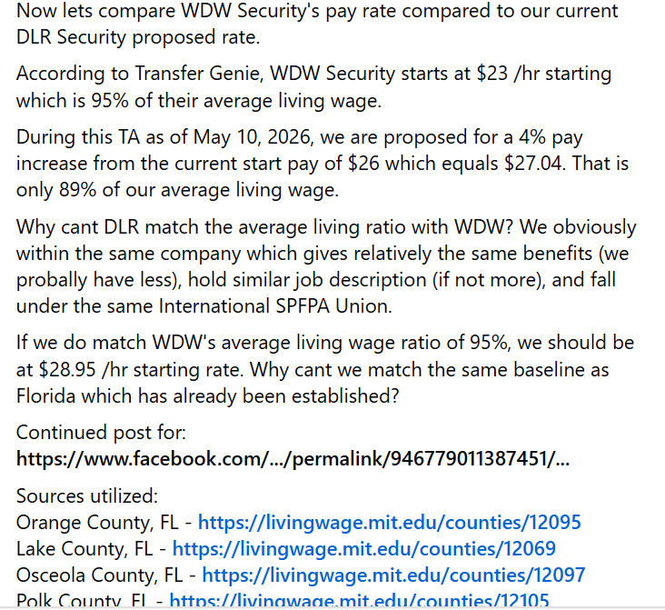 Joey Duong·
As we all go vote the next couple days for the 3rd time, lets keep the following in mind.
TL:DR - DLR Security should start at $28.95 /hr. Matching the ratio of WDW Security Pay rate and their area's cost of living for the 4 surrounding counties.
Using MIT's cost of living calculator for the 4 counties surrounding WDW and DLR for a single adult with no children. The living wage is broken down as per hour rate.