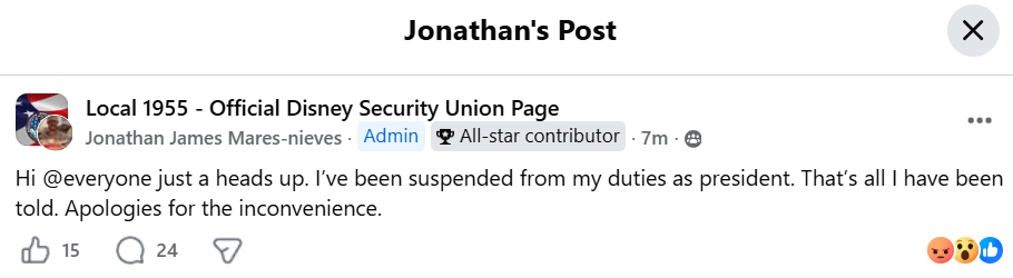 BREAKING NEWS: We just received a screenshot from one of the SPFPA Local 1955 members noting that SPFPA Local 1955 Local President Jonathan James Mares-nieves has been suspended from SPFPA Local Union office. It should be very clear now to all the Disneyland SPFPA Local 1955 members that if you speak up against SPFPA President David L. Hickey & or Vice President Ryan Kelly you will be suspended and removed from office. This is how they did it in NAZI GERMANY as I recall. 
