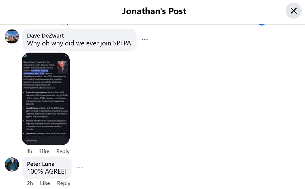 SPFPA Local 1955 Facebook post ABOUT SPFPA David Hickey  by Dave DeZwart - Why oh why did we ever join SPFPA - Google search

Eyes on SPFPA #SPFPA #SPFPAUNION International Union, Security, Police & Fire Professionals of America SPFPA