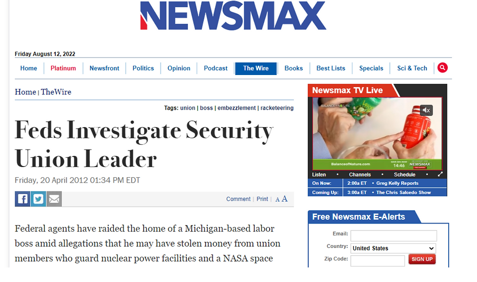 Feds Investigate SPFPA Security Union Leader David L. Hickey.
Federal agents have raided the home of a Michigan-based labor boss amid allegations that he may have stolen money from union members who guard nuclear power