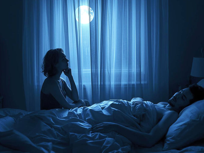 Woman awake at 3 A.M., moonlight through curtains, exploring the spiritual meaning of fear at night