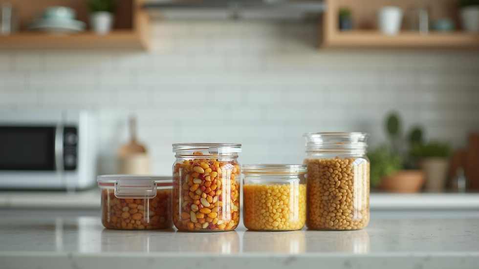 Eye-level view of clean kitchen counter with sealed food containers