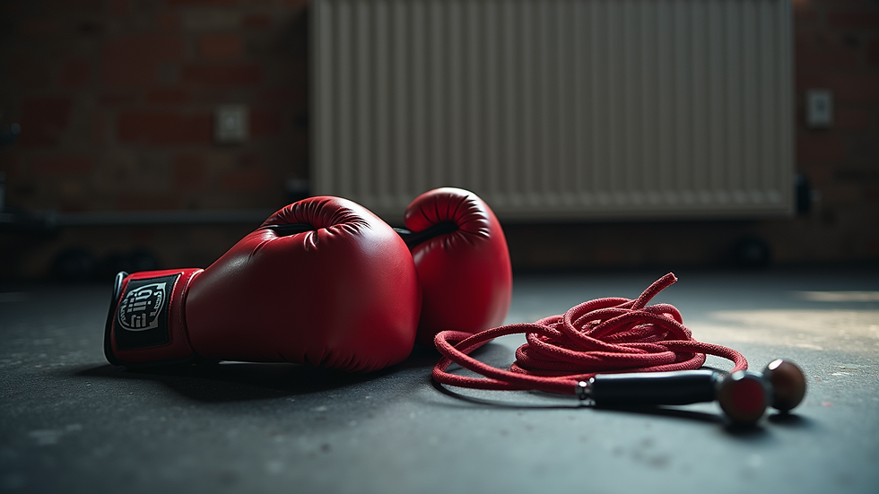 Close-up view of boxing gloves and a jump rope on a home gym floor