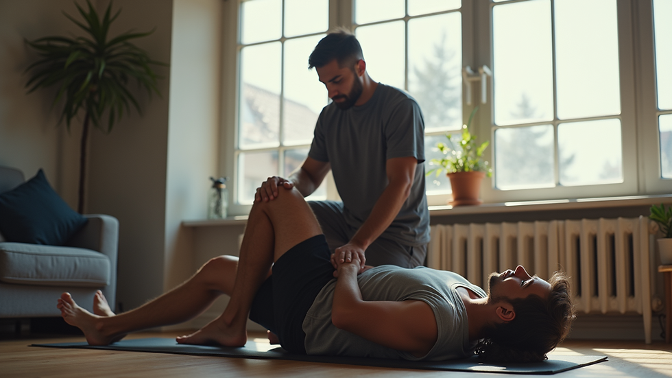 Vue rapprochée d'un coach sportif corrigeant la posture d'un client lors d'une séance à domicile