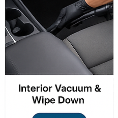 Interior/exterior collage Collage of professional detailing: gloved tech vacuuming interior seats and hand-cleaning a silver car’s hood with foam; showcases Express Wash & Interior Vacuum mobile service.