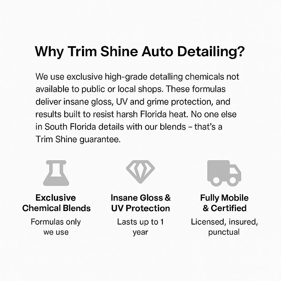 Exclusive chemical blends, UV protection with up to 1-year gloss, and fully mobile certified detailing services by Trim Shine