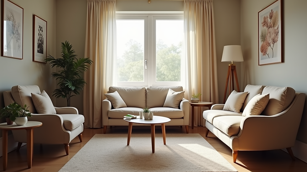 Eye-level view of a cozy counseling room with comfortable seating