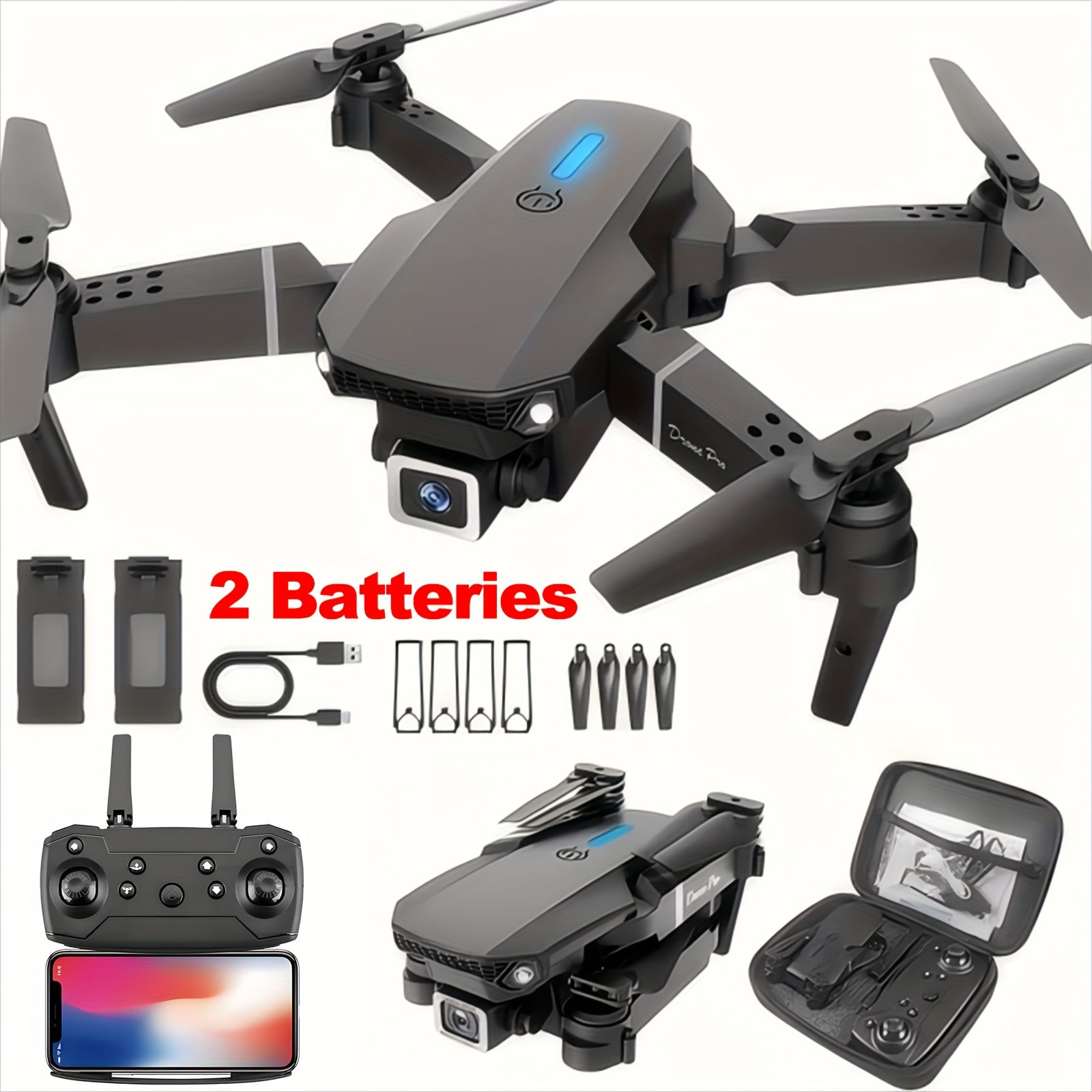 RC Drone With Dual Cameras, 2 Batteries, Foldable RC Drone, Brushless Motors, Op