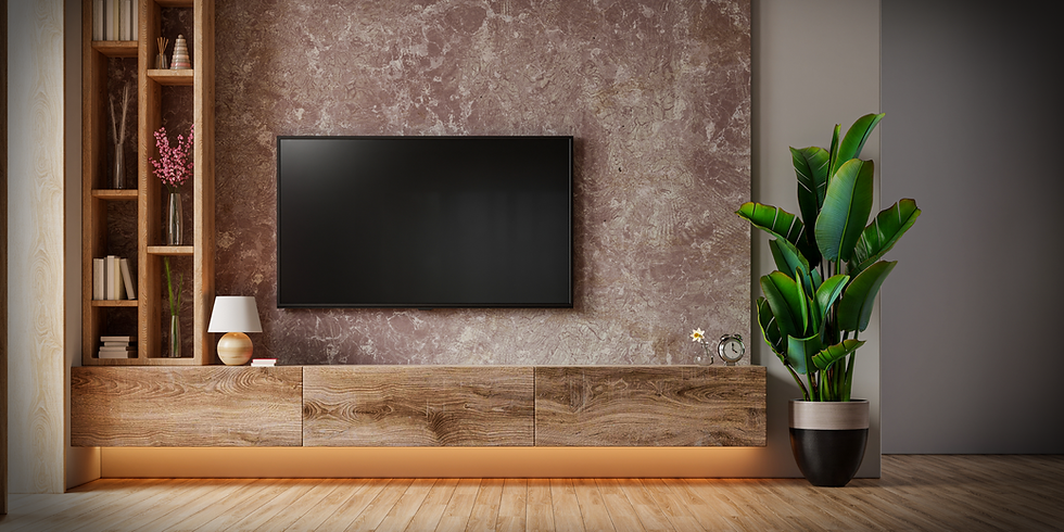 Smartly mounted TV above a minimalist floating unit, perfect for hiding cables and showcasing decor