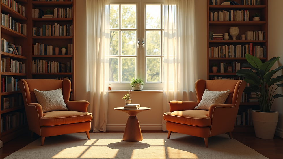 Wide angle view of a cozy reading nook bathed in soft afternoon light