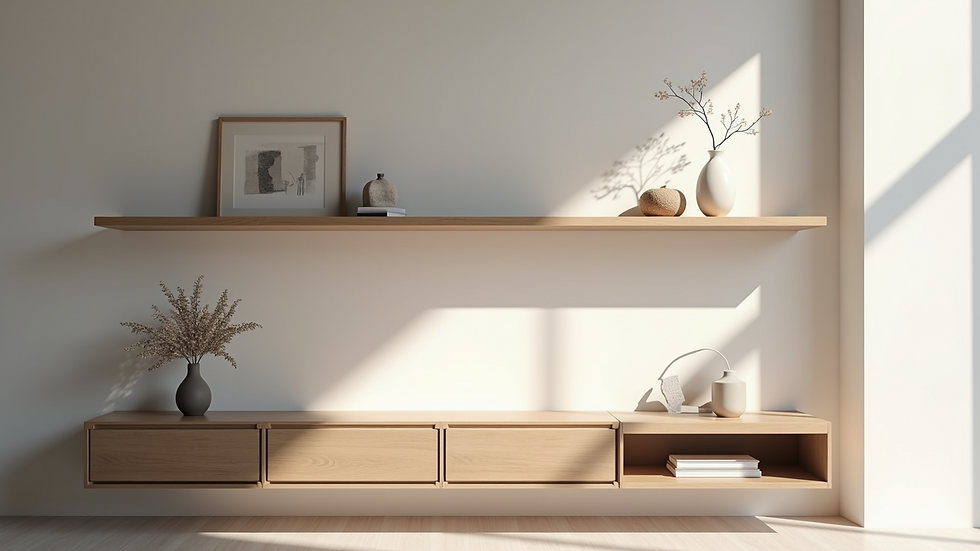 High angle view of a minimalistic floating shelf displaying decorative items