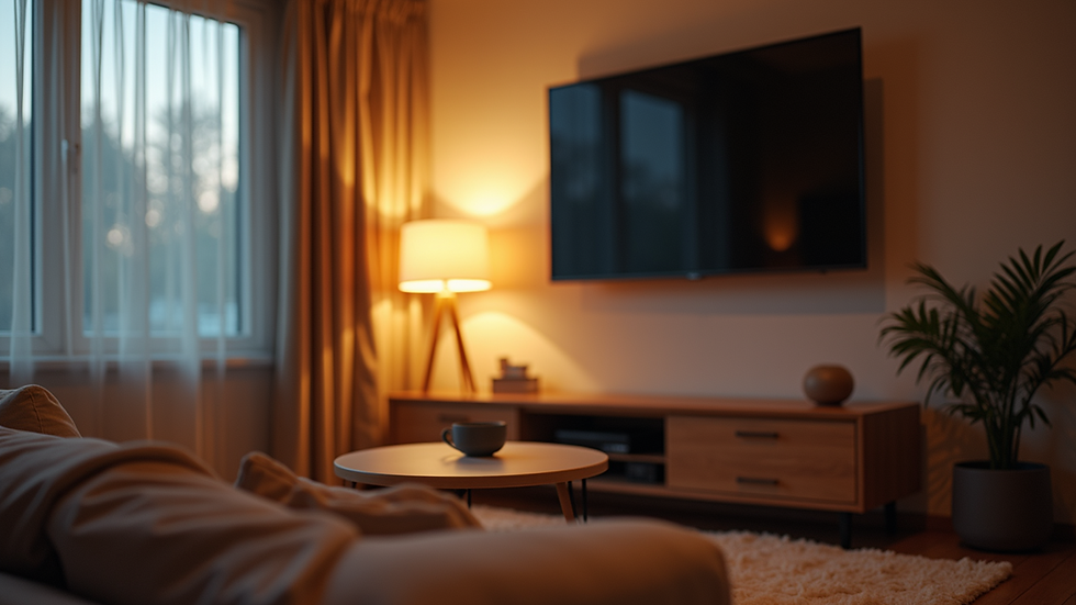 Eye-level view of a soothing evening setting with gentle lighting and a wall-mounted TV