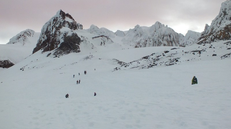 Just below Crater Rock (left), with the Steel Cliff angling in from the right. In between them, you can see the mouths of a few of the chutes leading to the mountain’s top.