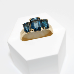 3 Stone London Blue Topaz Yellow Gold Ring