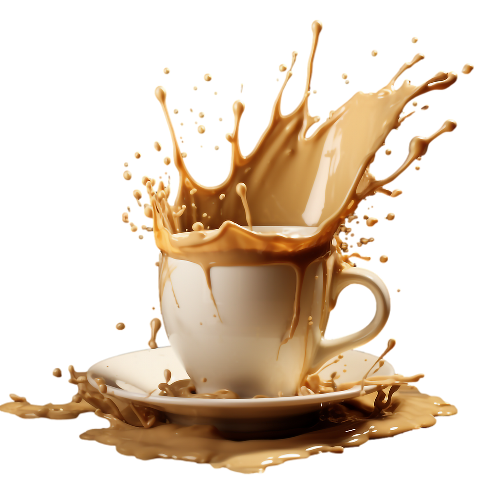 A cup of coffee splashing and coffee spilling all over
