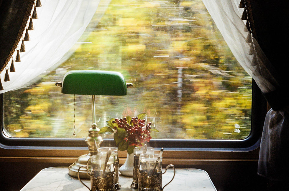 Table in front of a window on a train