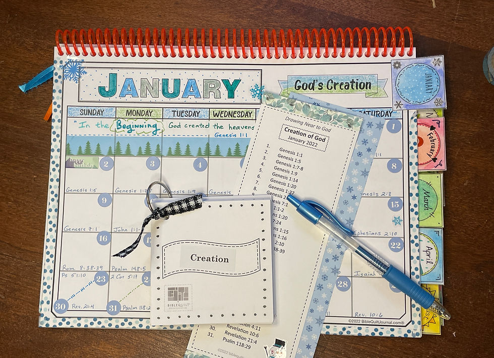 Calendar page in Jan of 2022 Monthly Bible Quilt Journal