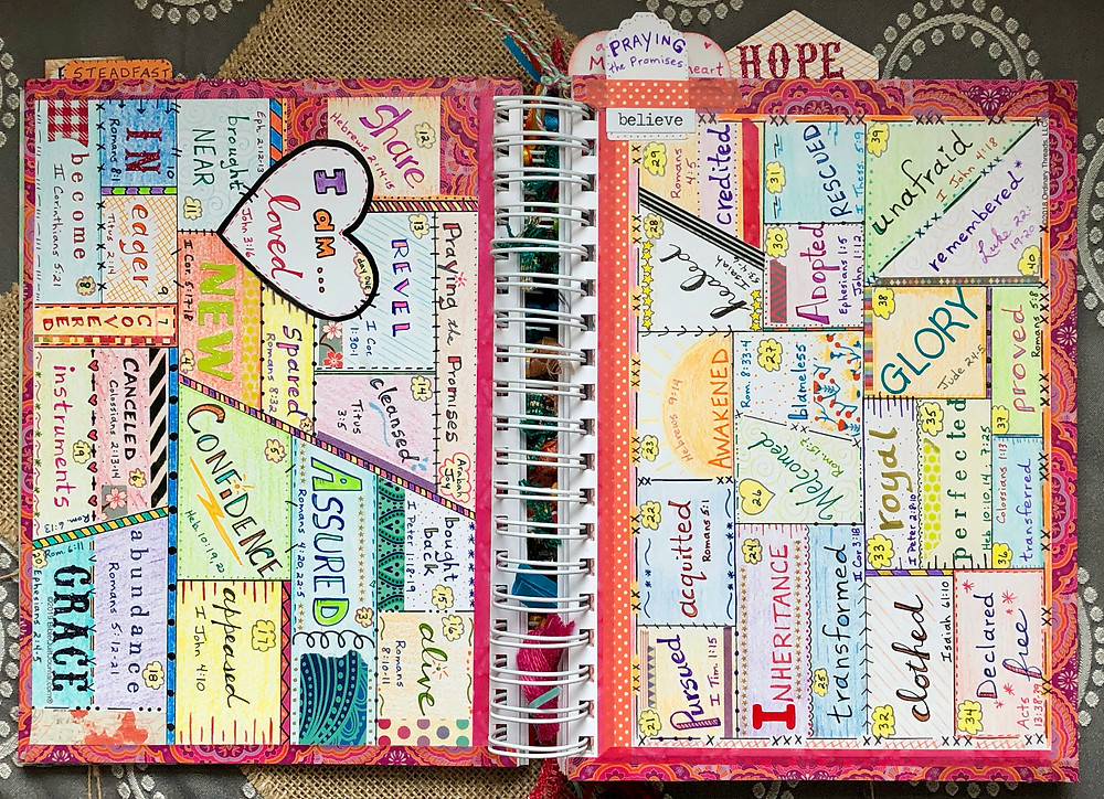 "Praying the Promises" by arabahjoy.com 2-page spread in Bible Quilt Journal
