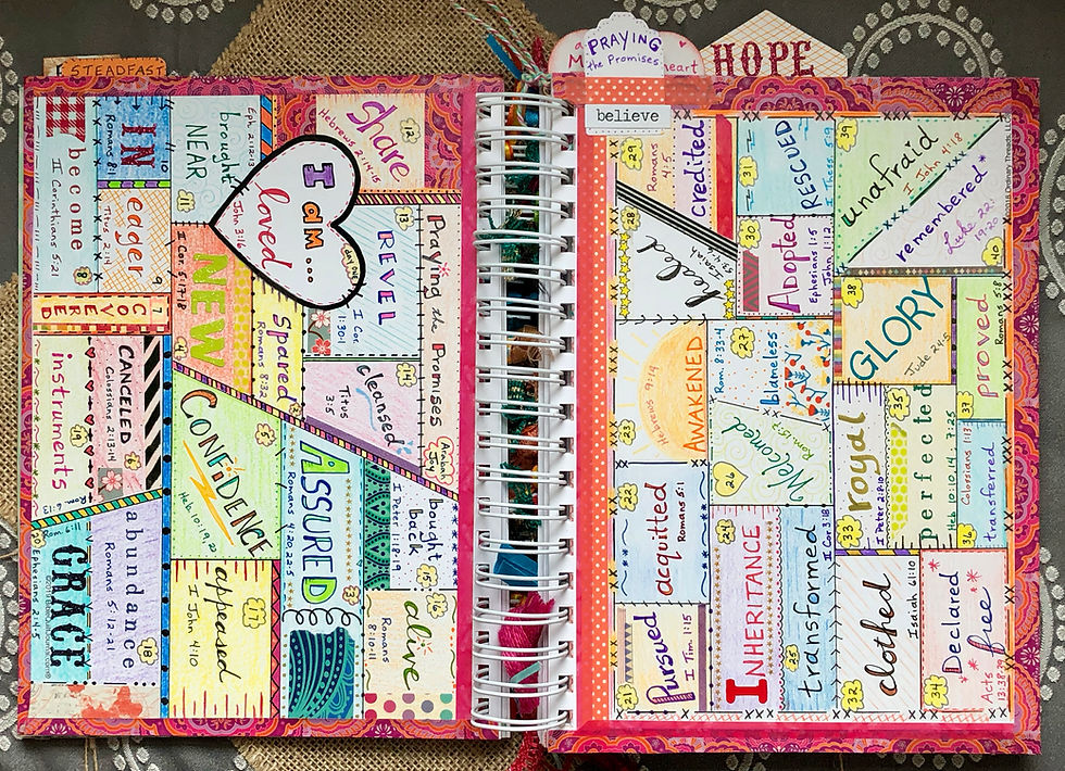 "Praying the Promises" by arabahjoy.com 2-page spread in Bible Quilt Journal