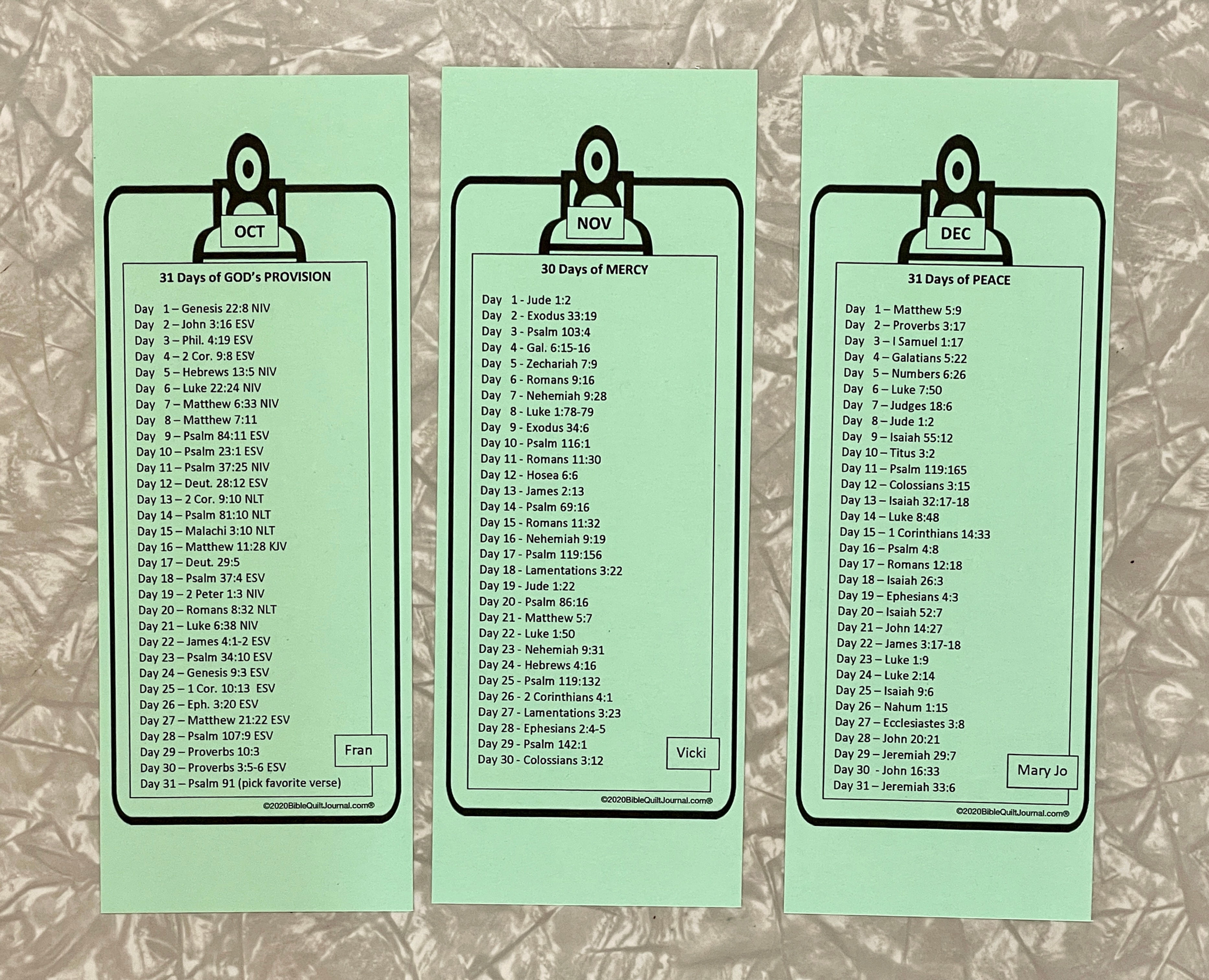 Reference lists: Provision, Mercy, Peace (Oct - Dec)